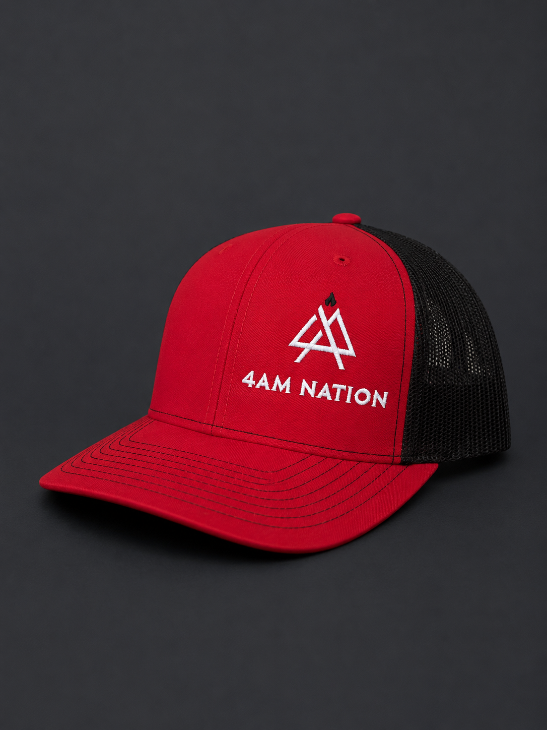 Red and black hat with '4AM Nation' logo on a dark background