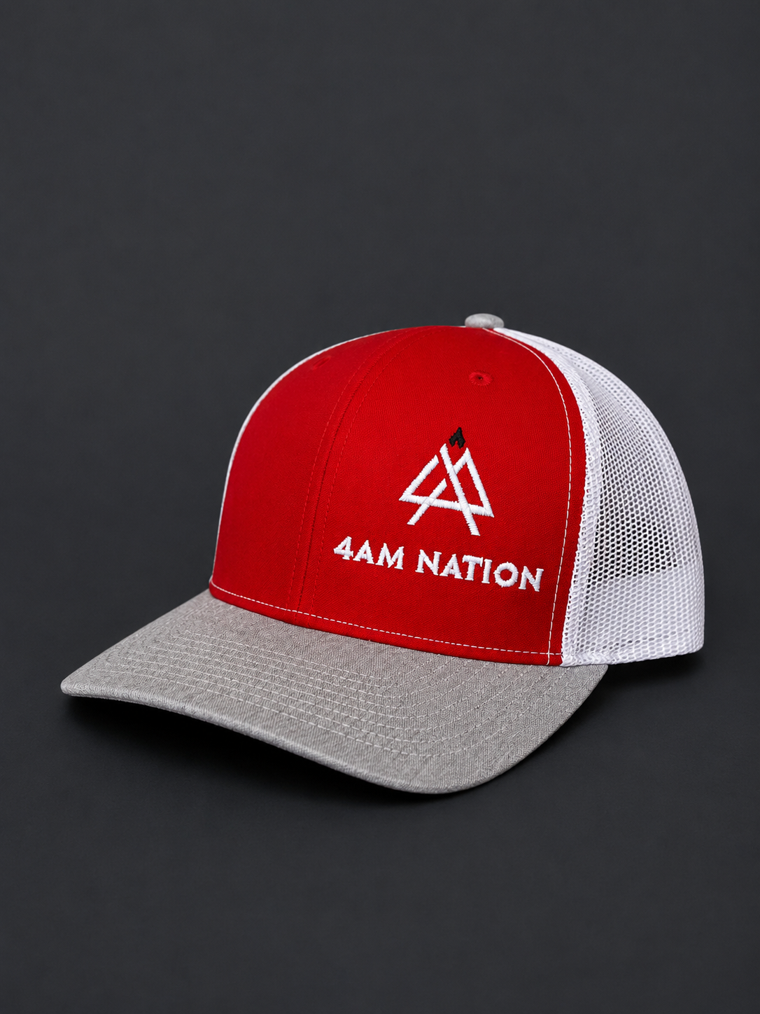 Red white and heather gray hat with '4AM Nation' logo on a dark background