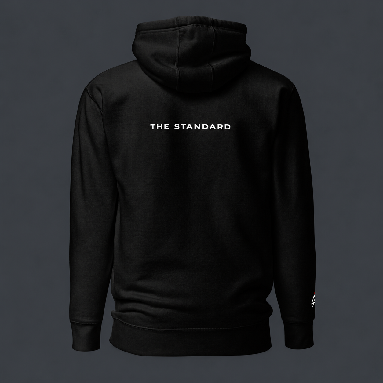 Black '4 AM NATION' hoodie with 'The Standard' logo on the back against a dark background